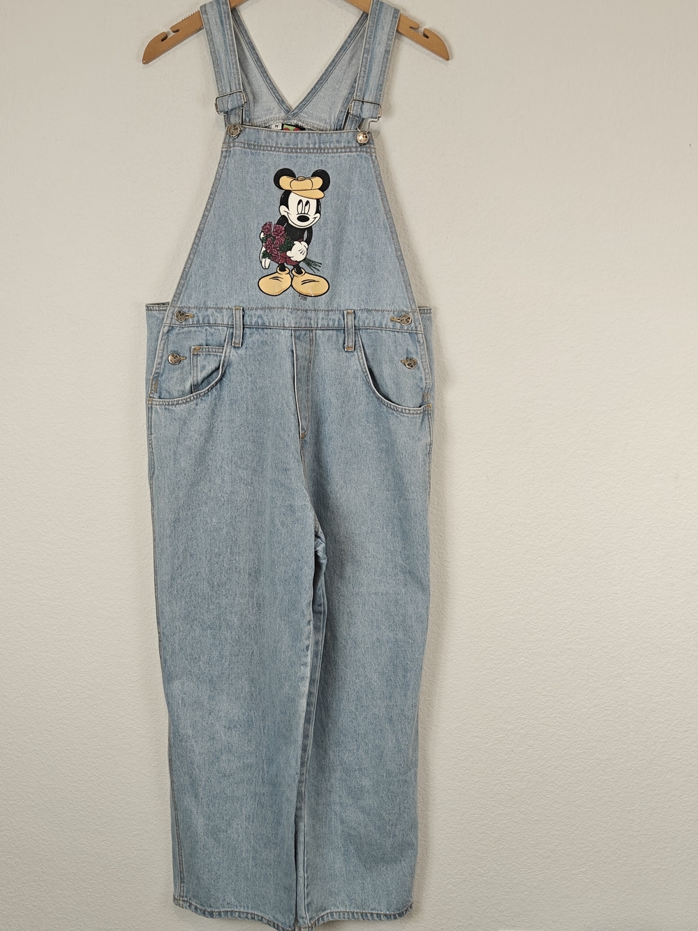 Vintage Mickey Mouse Denim Overalls Medium 90s Disney Adjustable Wide Leg Jeans